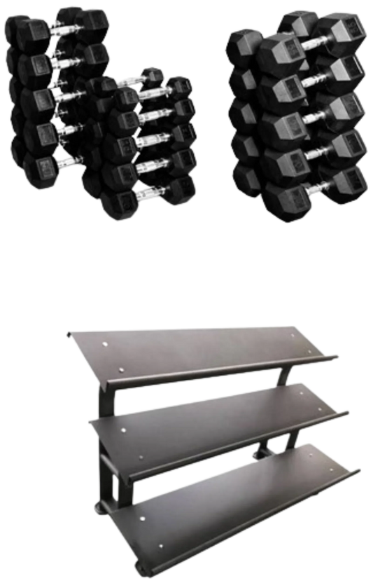 French Fitness Rubber Hex Dumbbell Set 5 to 75 lbs w/3 Tier Dumbbell Rack (New)