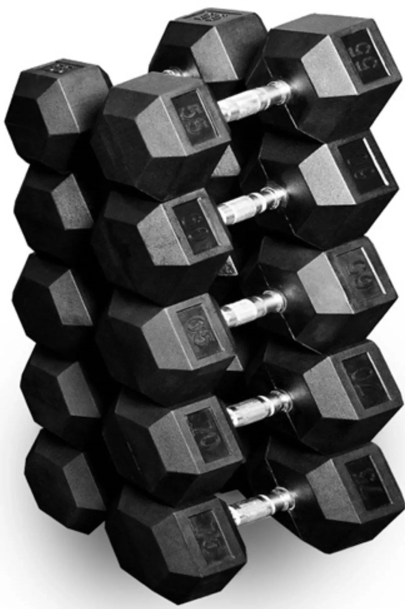 French Fitness Rubber Hex Dumbbell Set 5 to 75 lbs w/Bench + 3 Tier Dumbbell Rack (New) Image 3