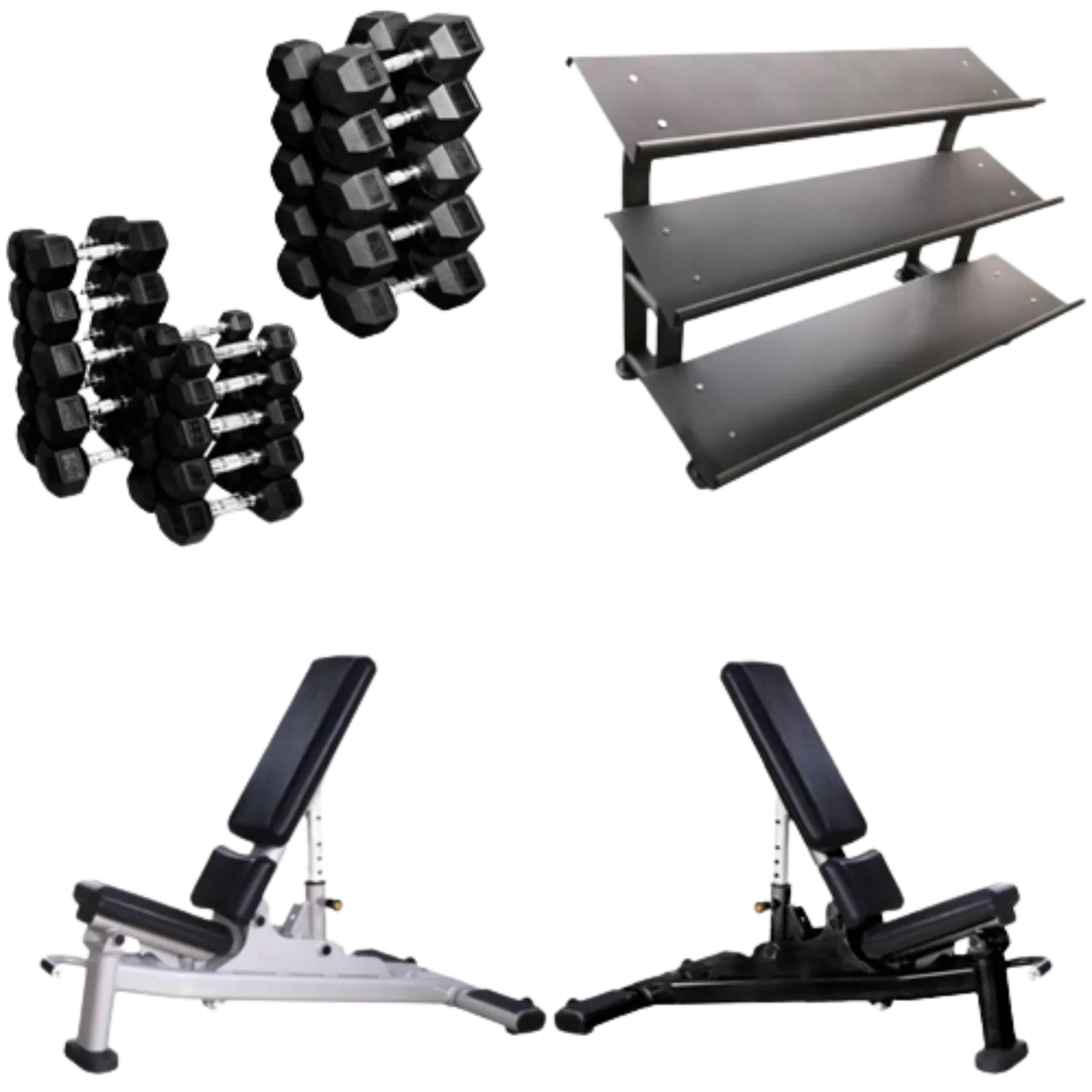 French Fitness Rubber Hex Dumbbell Set 5 to 75 lbs w/Bench + 3 Tier Dumbbell Rack (New) Image