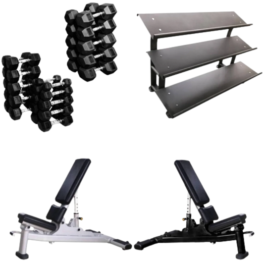 French Fitness Rubber Hex Dumbbell Set 5 to 75 lbs w/Bench + 3 Tier Dumbbell Rack (New) Image
