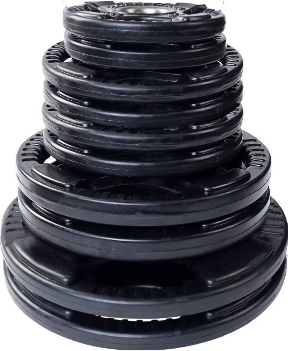 French Fitness Rubber Grip Weight Plate Set w/7 ft Bar 235 lbs + Rack + Bench (New) Image 5