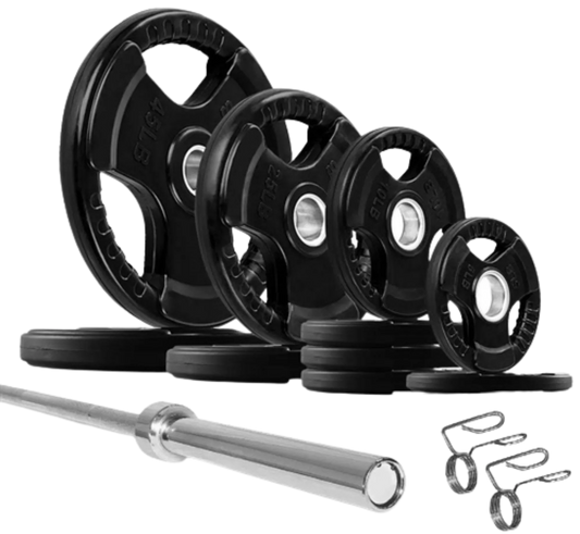 French Fitness Rubber Grip Weight Plate Set w/7 ft Olympic Bar 235 lbs (New) Image