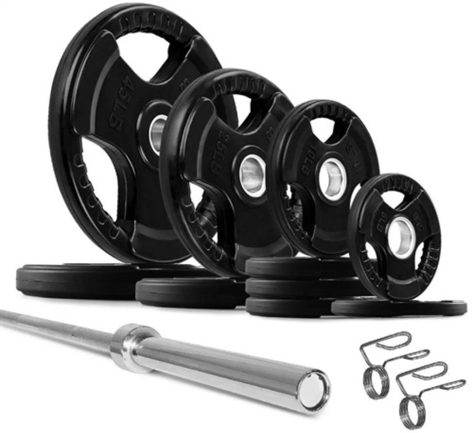 French Fitness Rubber Grip Weight Plate Set w/7 ft Olympic Bar 235 lbs + Bench (New) Image 2