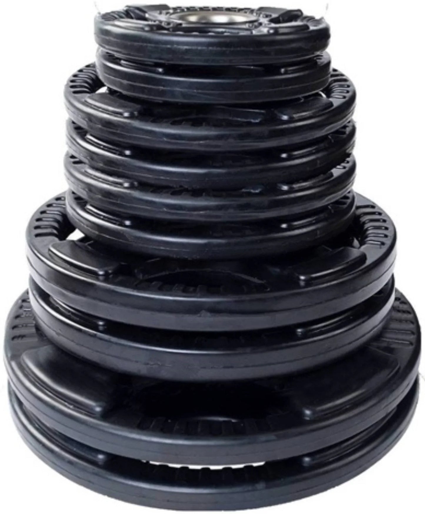 French Fitness Rubber Grip Weight Plate Set w/7 ft Olympic Bar 235 lbs + Bench (New) Image 3