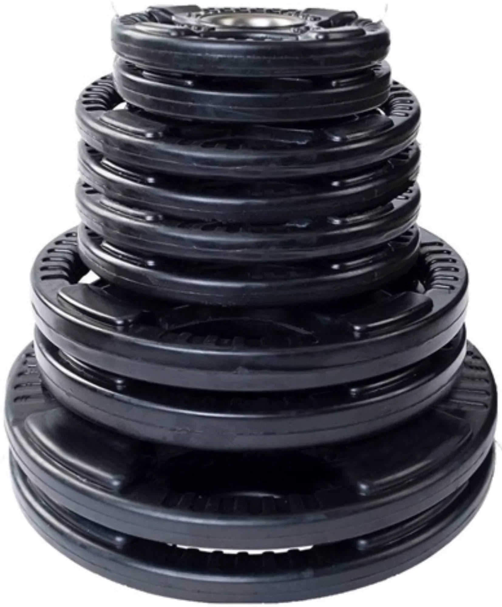 French Fitness Rubber Grip Weight Plate Set w/7 ft Olympic Bar 235 lbs + Bench (New) Image 3