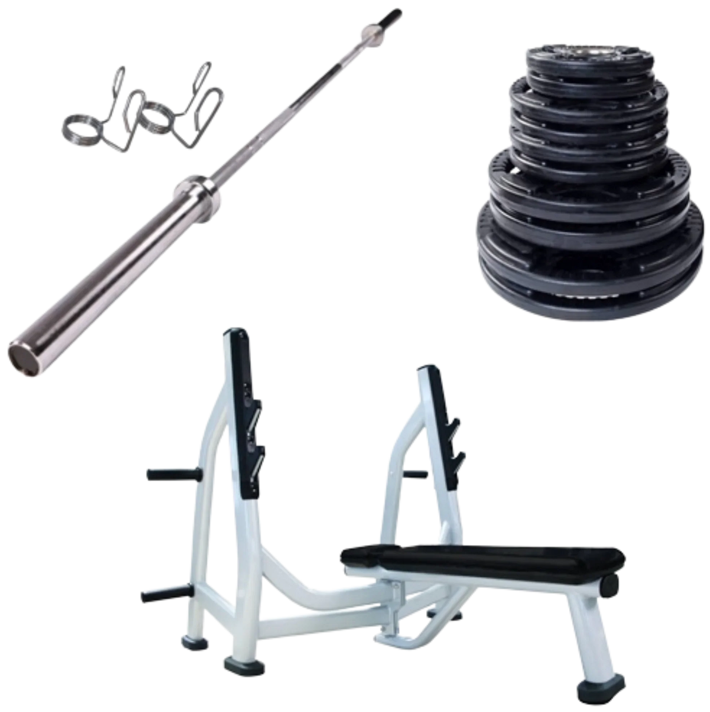 French Fitness Rubber Grip Weight Plate Set w/7 ft Olympic Bar 235 lbs + Bench (New) Image