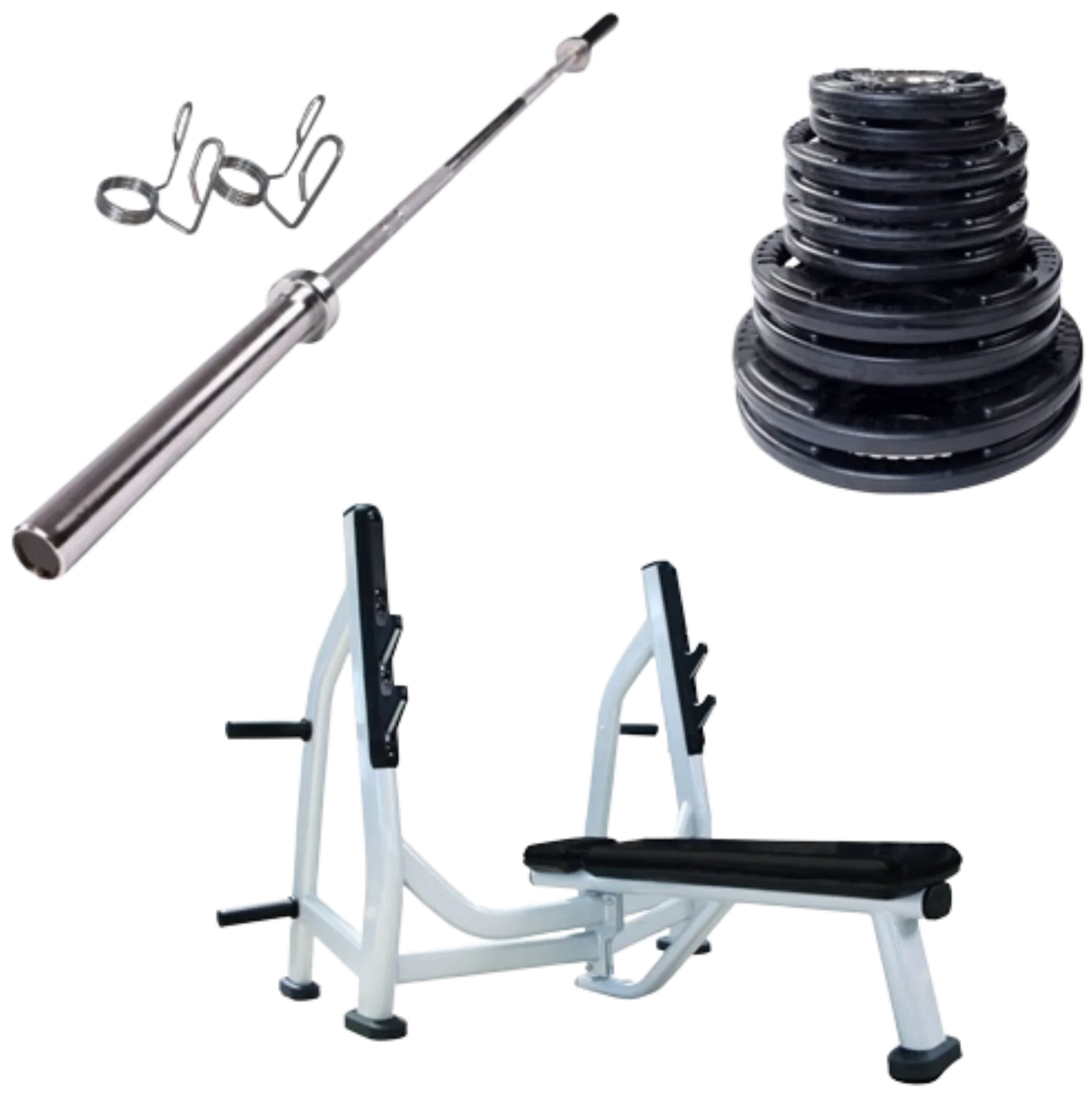 French Fitness Rubber Grip Weight Plate Set w/7 ft Olympic Bar 235 lbs + Bench (New) Image