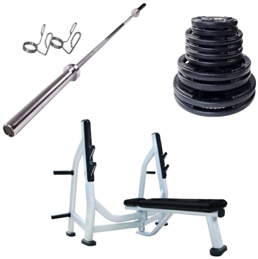 French Fitness Rubber Grip Weight Plate Set w/7 ft Olympic Bar 235 lbs + Bench (New) Image