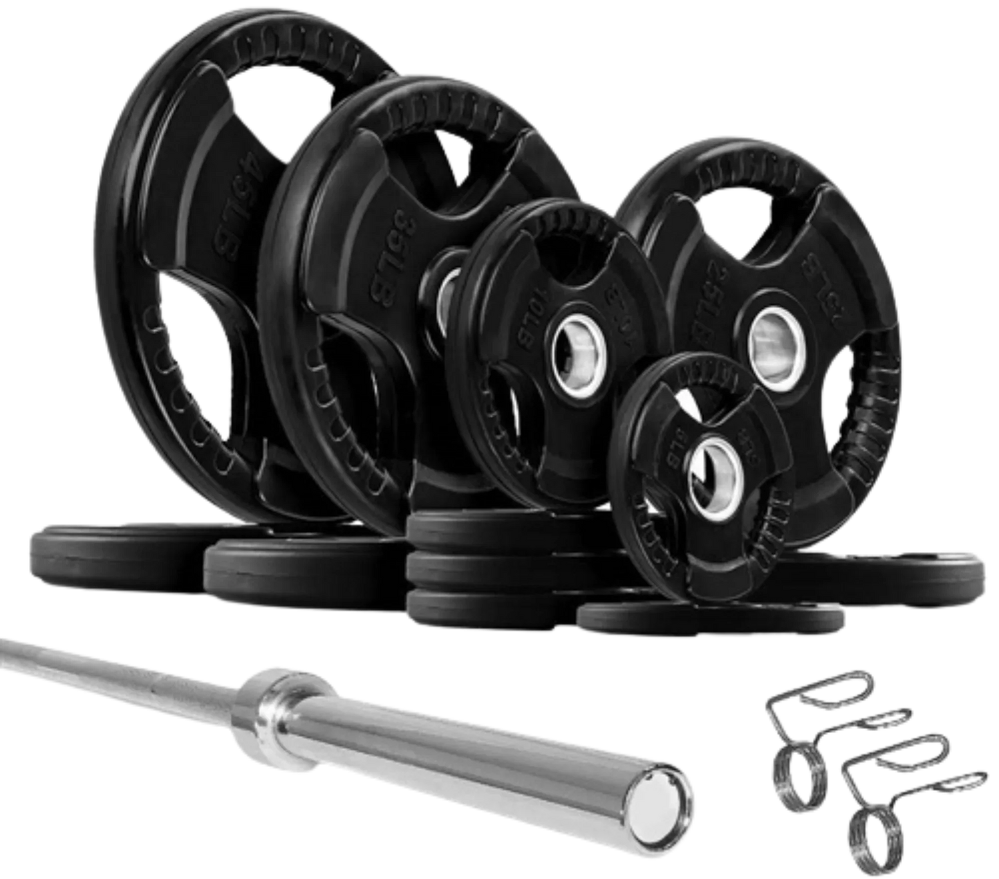 French Fitness Rubber Grip Weight Plate Set w/7 ft Olympic Bar 305 lbs (New) Image