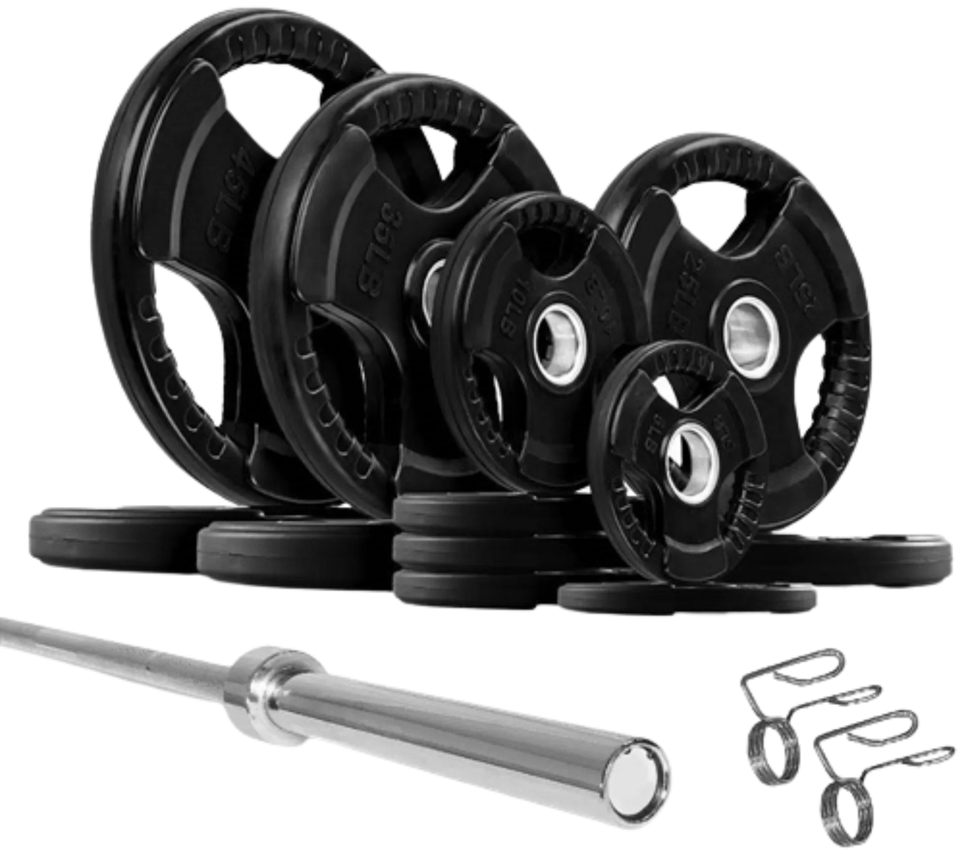 French Fitness Rubber Grip Weight Plate Set w/7 ft Olympic Bar 305 lbs (New) Image