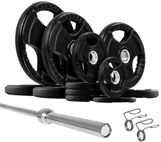 French Fitness Rubber Grip Weight Plate Set w/7 ft Olympic Bar 305 lbs (New) Image