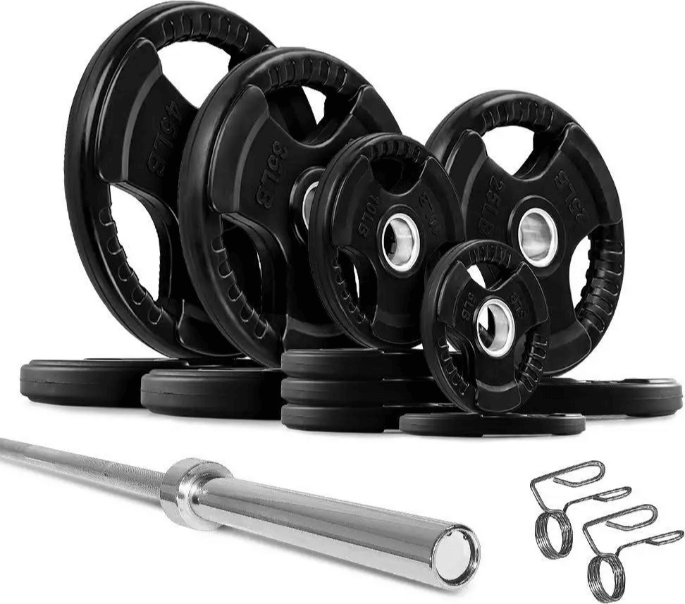 French Fitness Rubber Grip Weight Plate Set w/7 ft Bar 305 lbs + Rack + Bench (New) Image 7