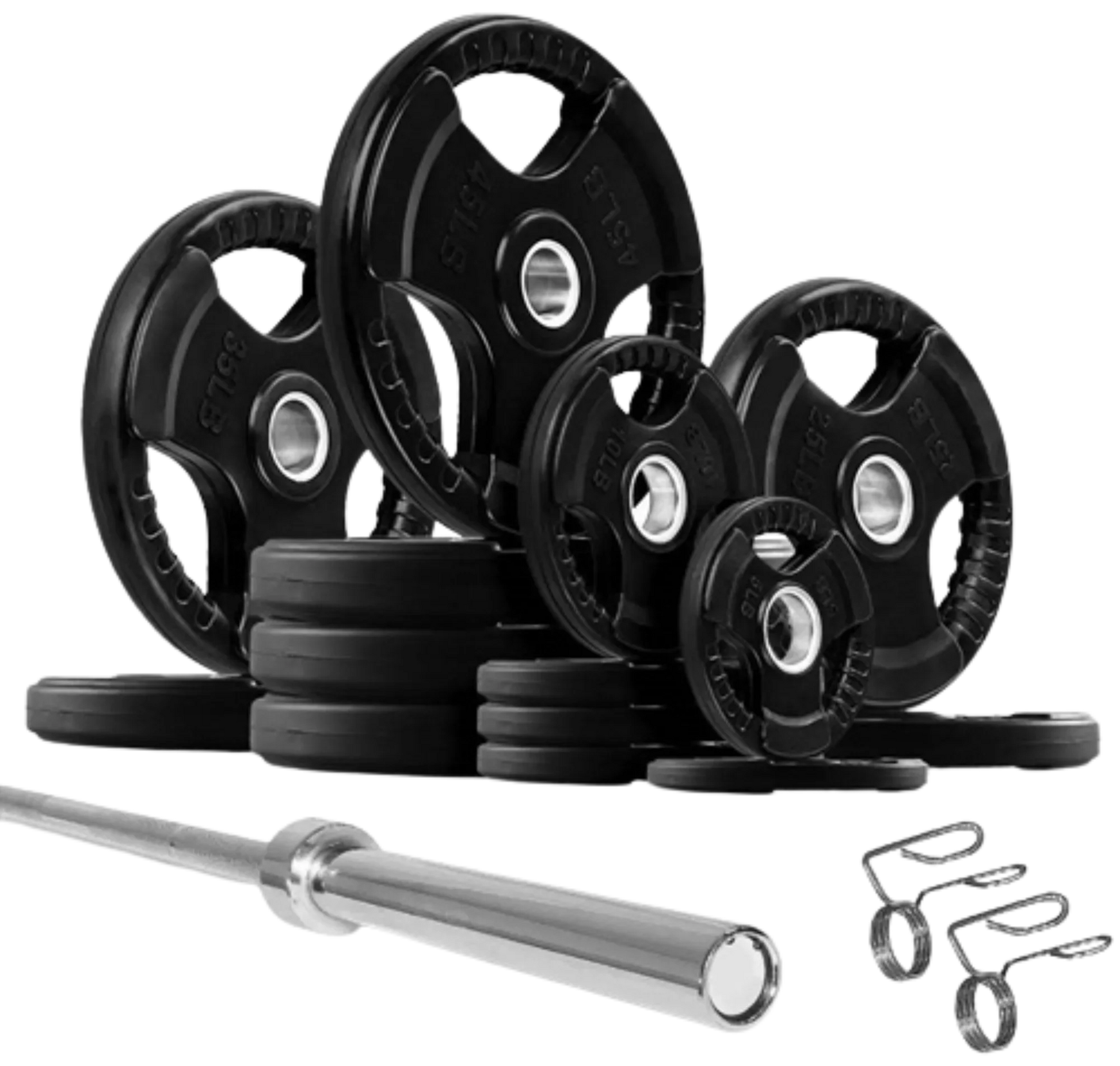 French Fitness Rubber Grip Weight Plate Set w/7 ft Olympic Bar 395 lbs (New) Image