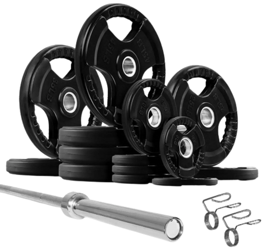 French Fitness Rubber Grip Weight Plate Set w/7 ft Olympic Bar 395 lbs (New) Image