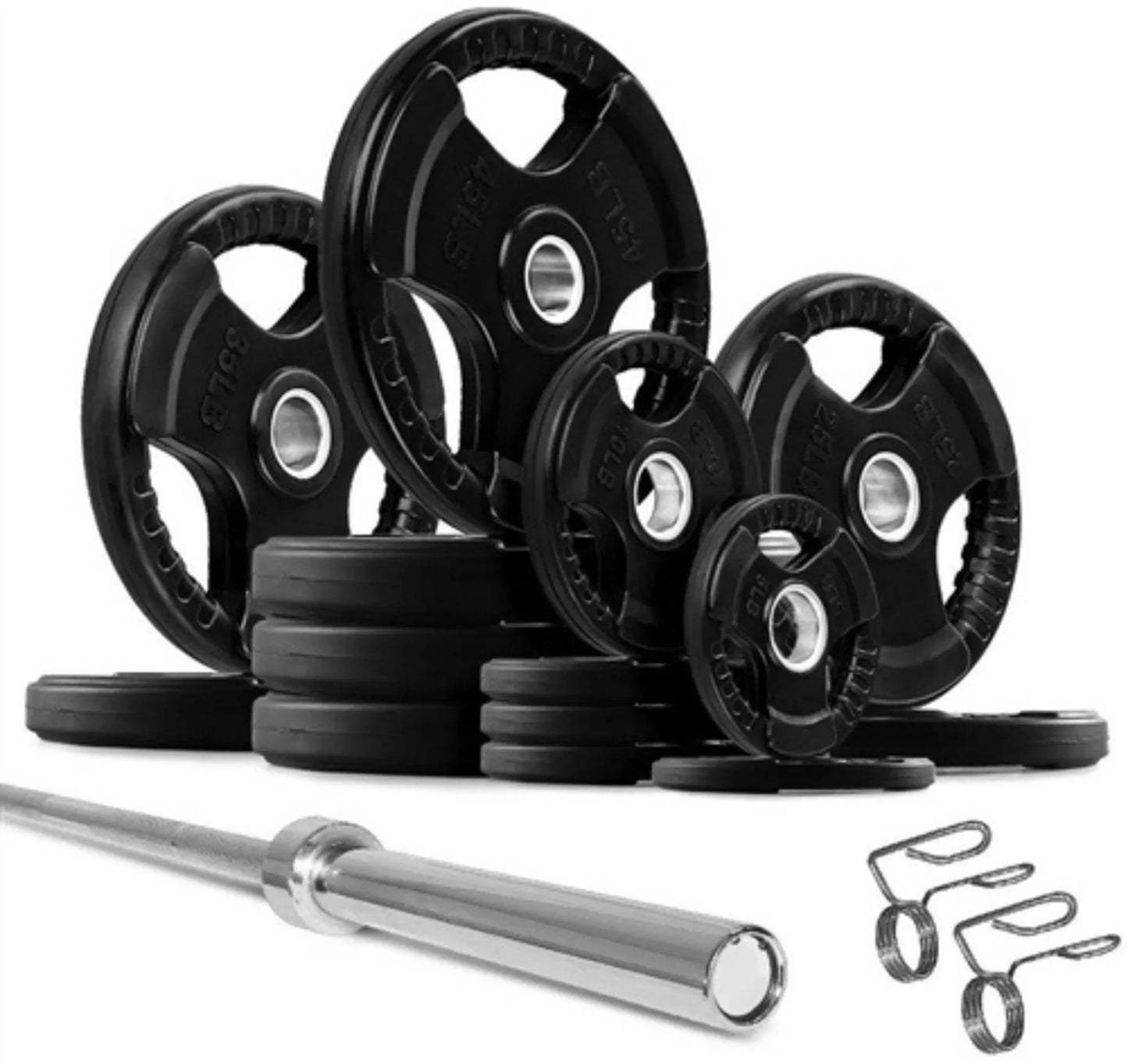 French Fitness Rubber Grip Weight Plate Set w/7 ft Olympic Bar 395 lbs + Bench (New) Image 2