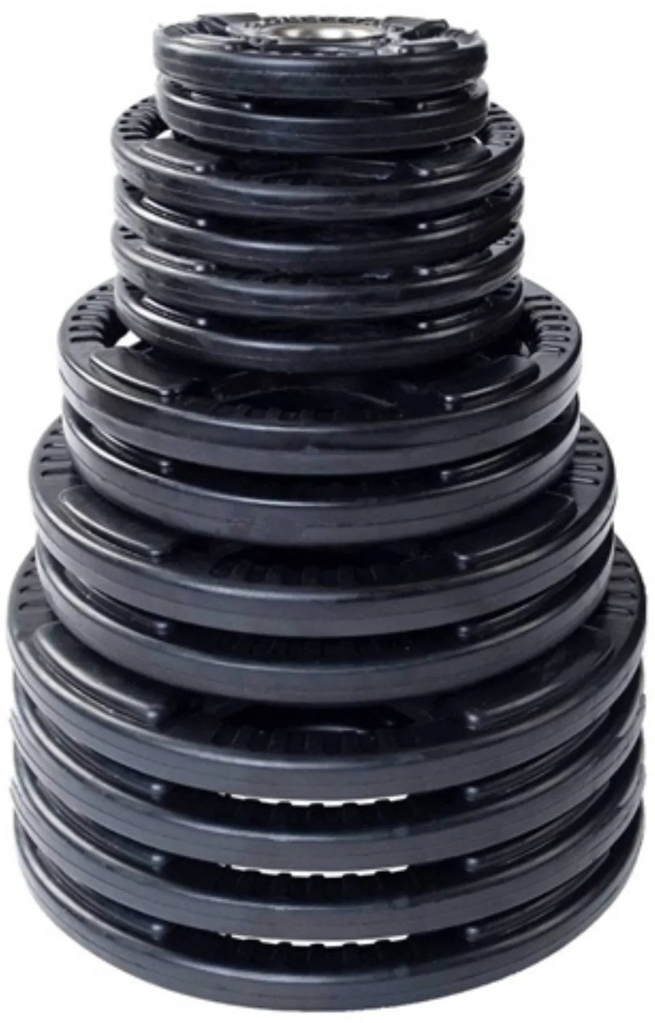 French Fitness Rubber Grip Weight Plate Set w/7 ft Olympic Bar 395 lbs + Bench (New) Image 3