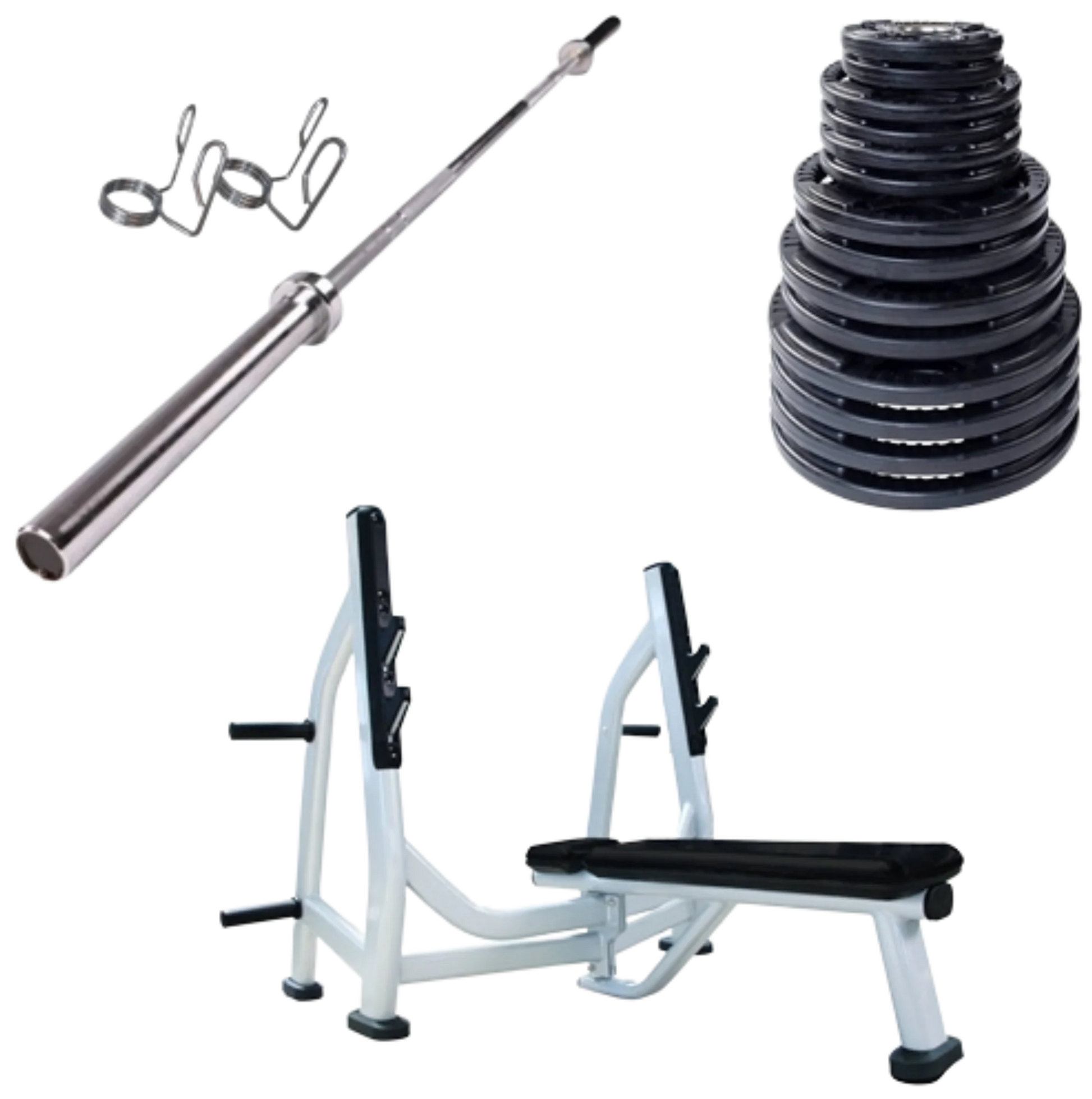 French Fitness Rubber Grip Weight Plate Set w/7 ft Olympic Bar 395 lbs + Bench (New) Image