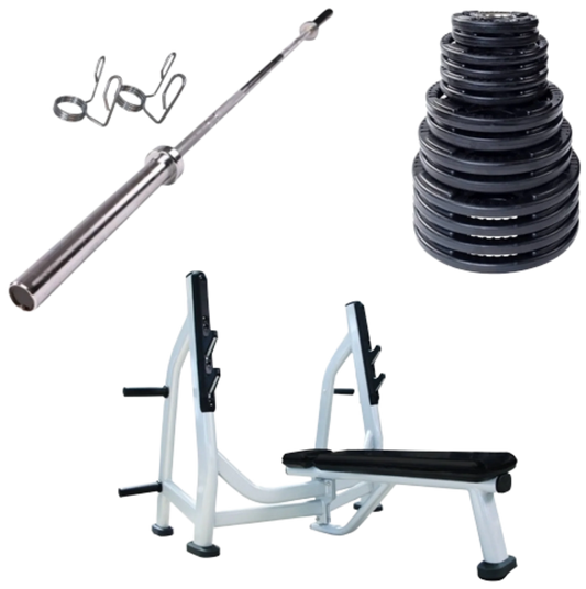 French Fitness Rubber Grip Weight Plate Set w/7 ft Olympic Bar 395 lbs + Bench (New) Image