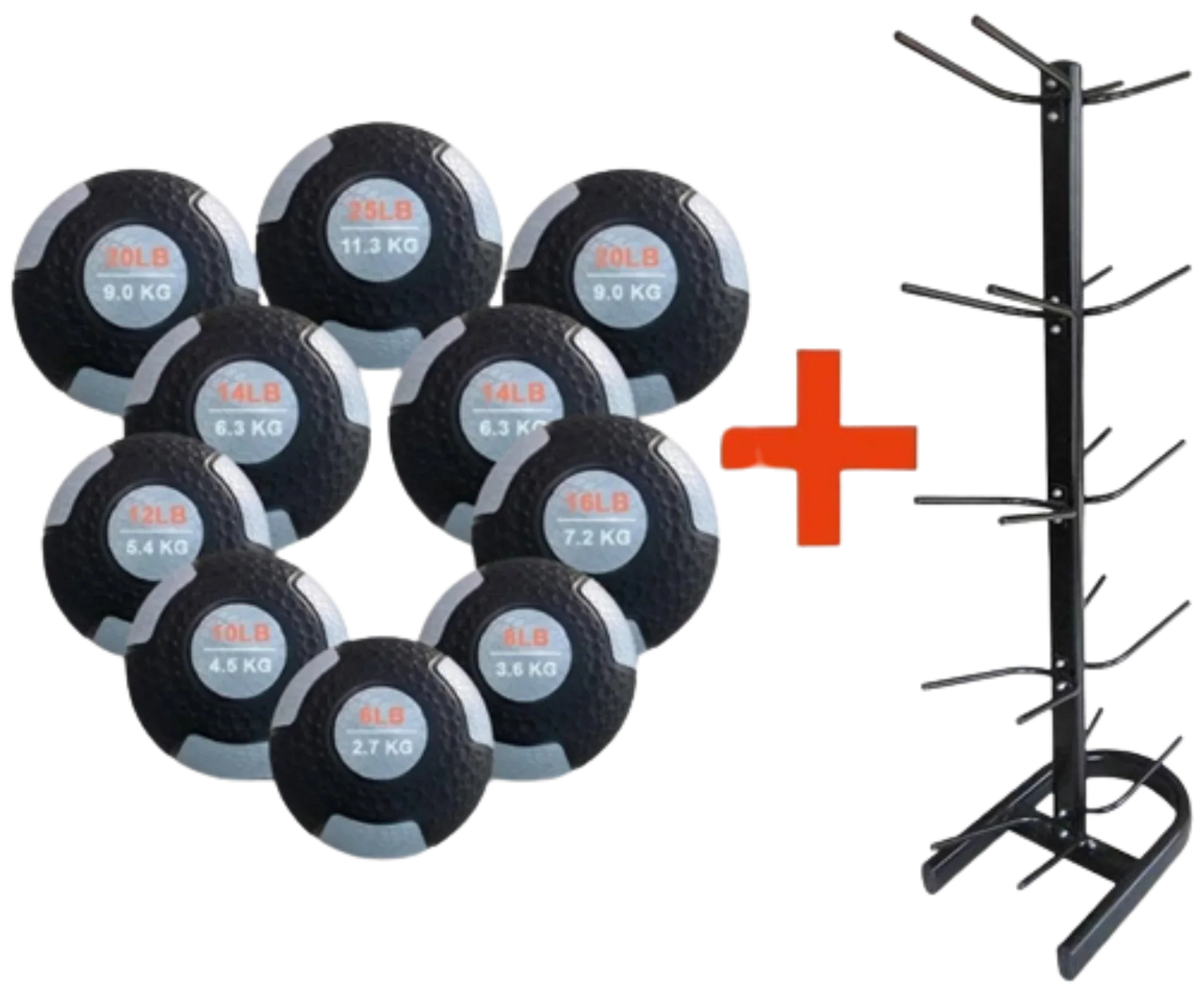 French Fitness Rubber Medicine Ball Set of 10 (6 to 25 lbs) w/Rack (New) Image