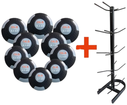 French Fitness Rubber Medicine Ball Set of 10 (6 to 25 lbs) w/Rack (New) Image
