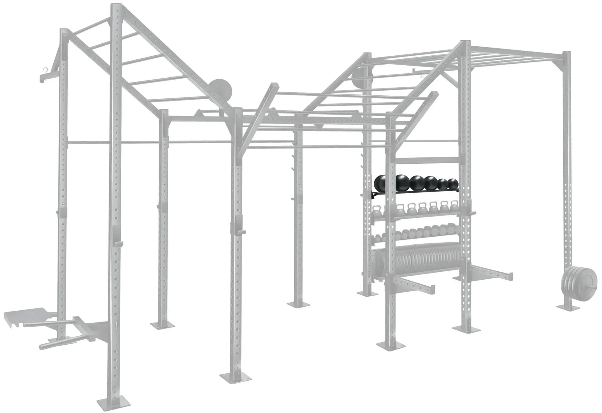 French Fitness - 71" Rack & Rig Ball Tier/Tray Attachment (New) - Angled View