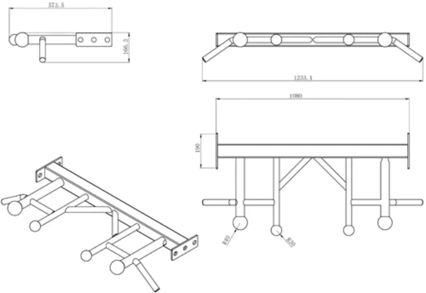 French Fitness 43" Rack & Rig Multi Sphere Ball Grip Pull Up Bar (New) - Detailed View
