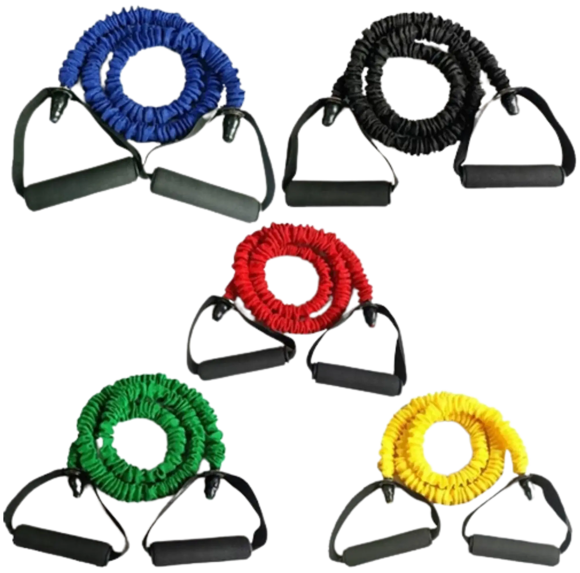 French Fitness Toning Resistance Tube Bands Set of 5 w/Handles (New) Image