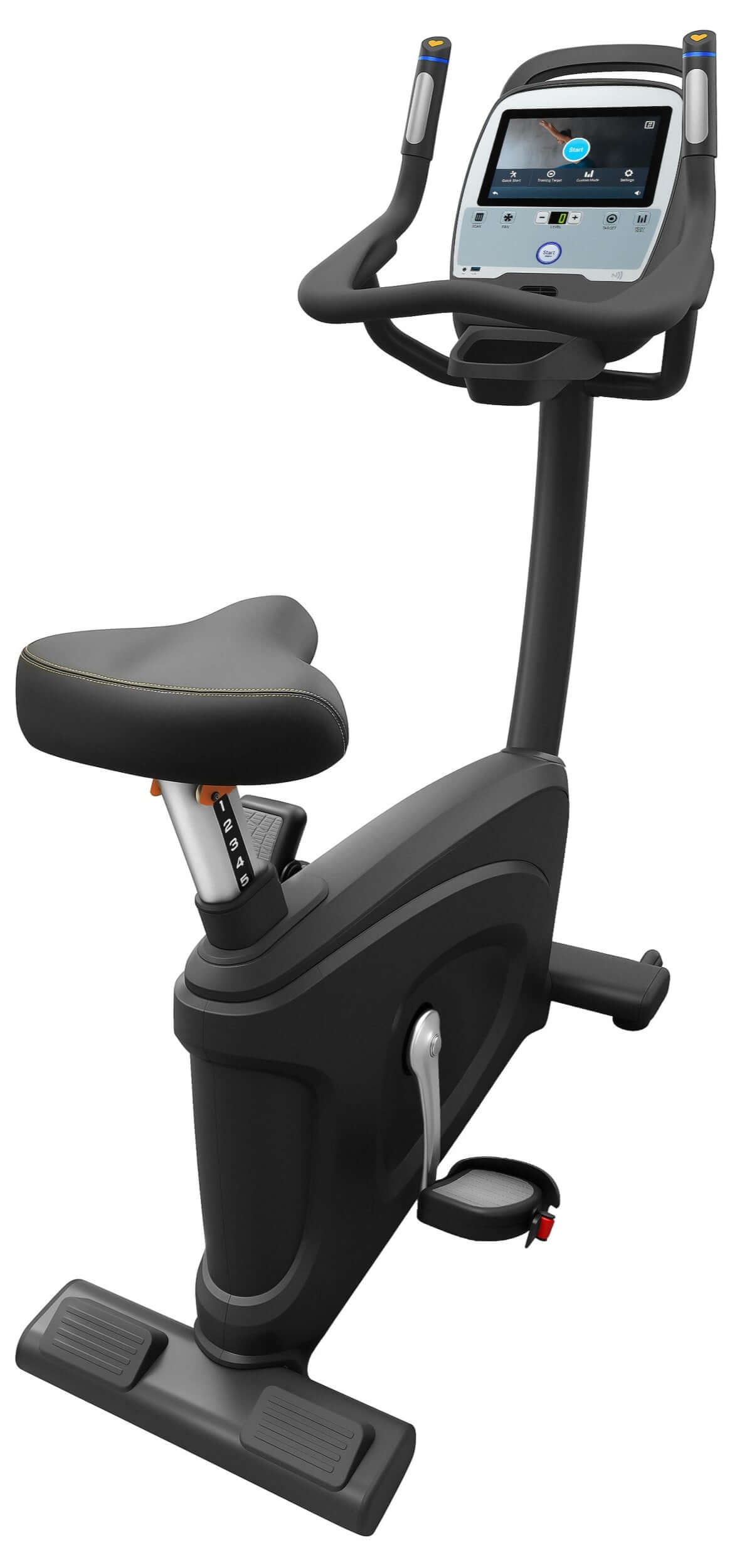 French Fitness UB420T Commercial Upright Bike w/10" Touch Console (New)- back view and showing console