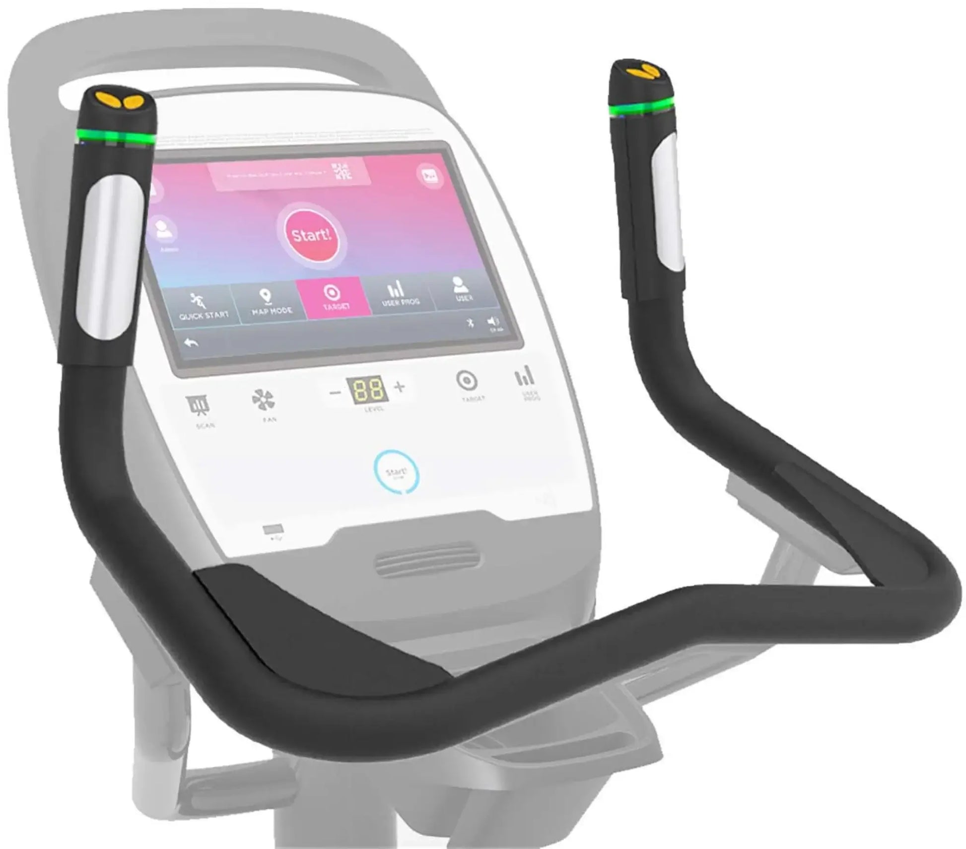 French Fitness UB420T Commercial Upright Bike w/10" Touch Console (New)- handrail close up console transparent