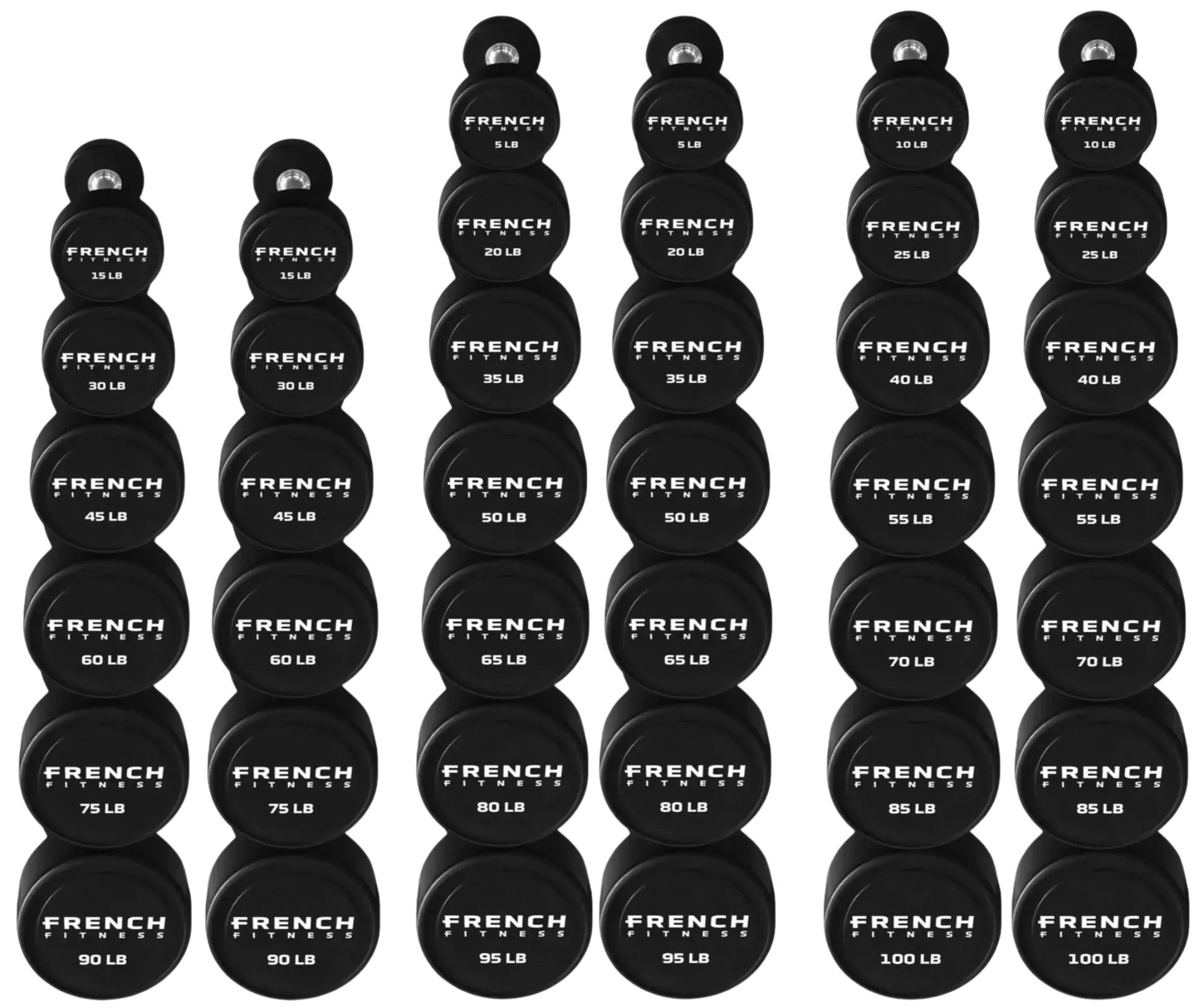 French Fitness Urethane Round Pro Style Dumbbell V2 Set, 5-100 lbs (New) Image