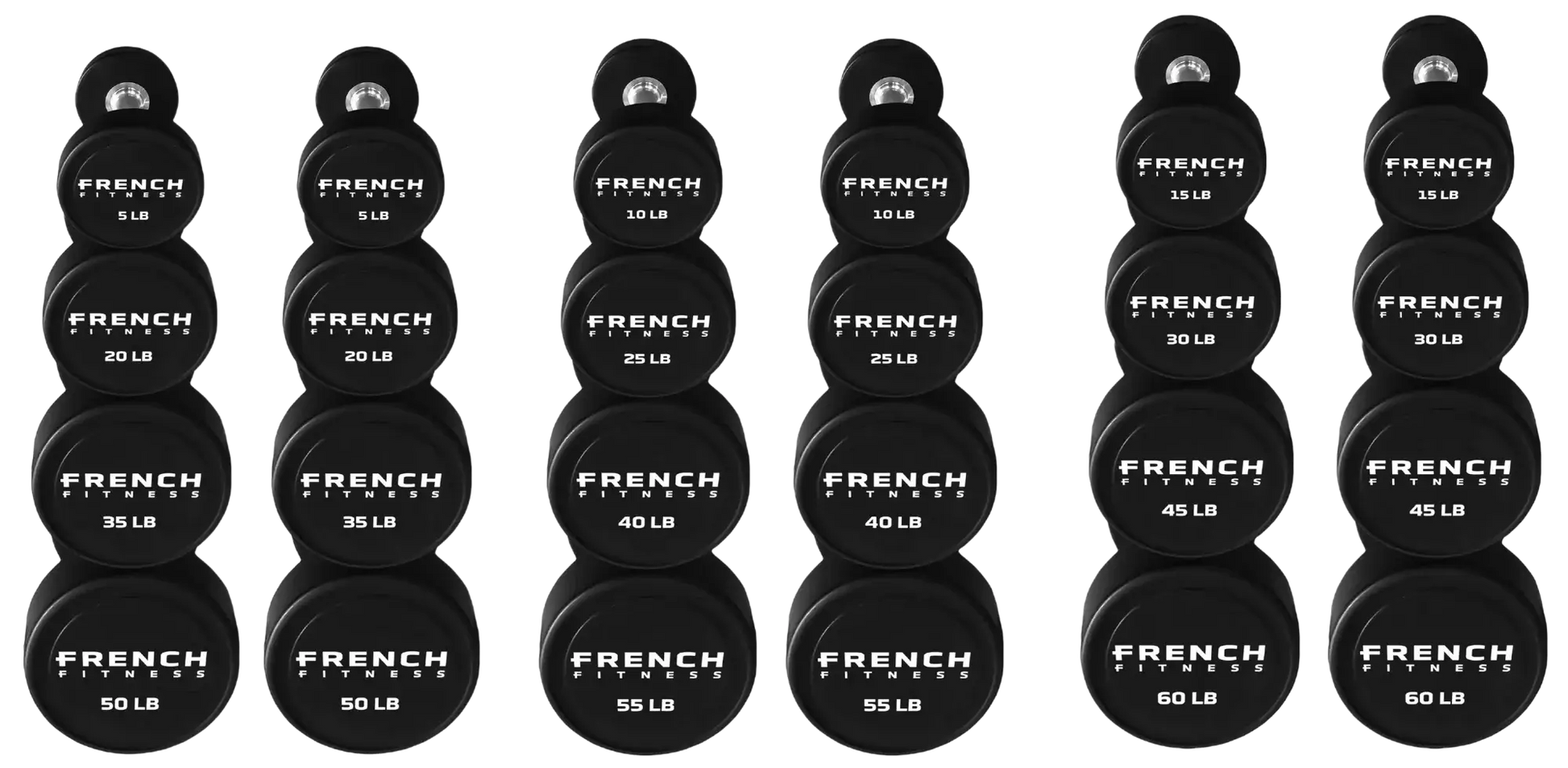 French Fitness Urethane Round Pro Style Dumbbell V2 Set, 5-60 lbs (New) Image