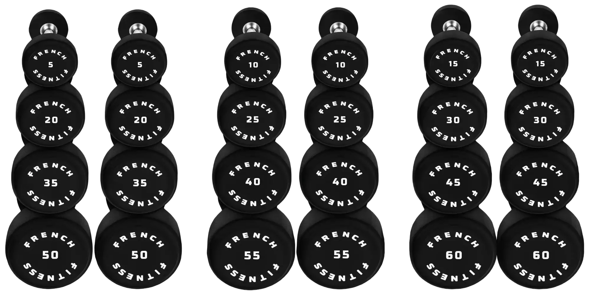French Fitness Urethane Round Pro Style Dumbbell Set, 5-60 lbs (New) Image