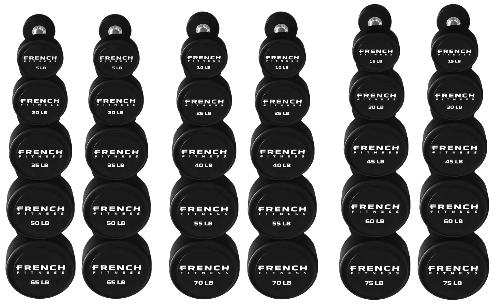 French Fitness Urethane Round Pro Style Dumbbell V2 Set, 5-75 lbs (New) Image