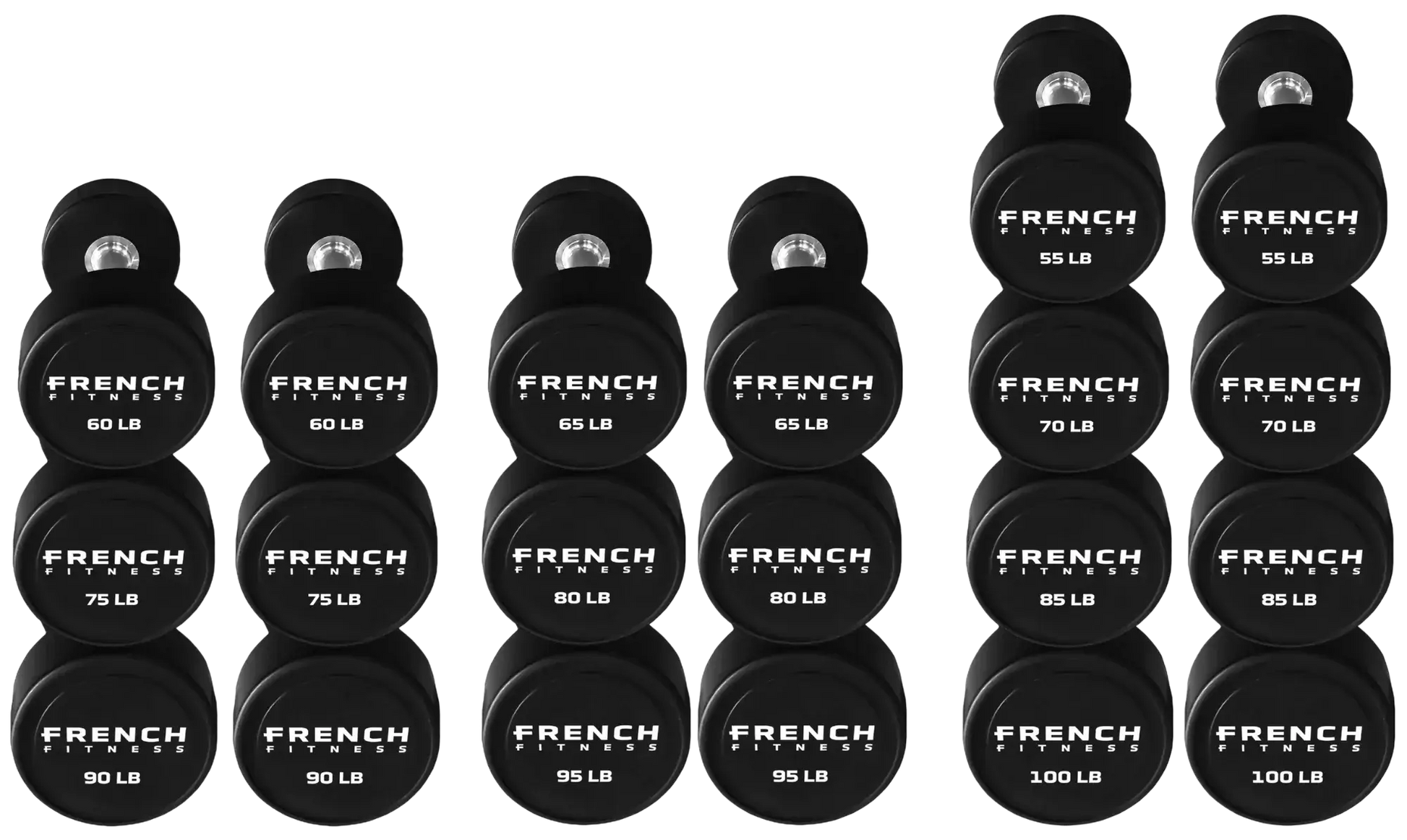 French Fitness Urethane Round Pro Style Dumbbell V2 Set, 55-100 lbs (New) Image