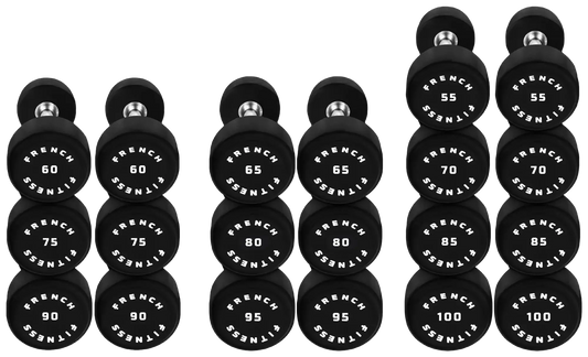 French Fitness Urethane Round Pro Style Dumbbell Set, 55-100 lbs (New) Image