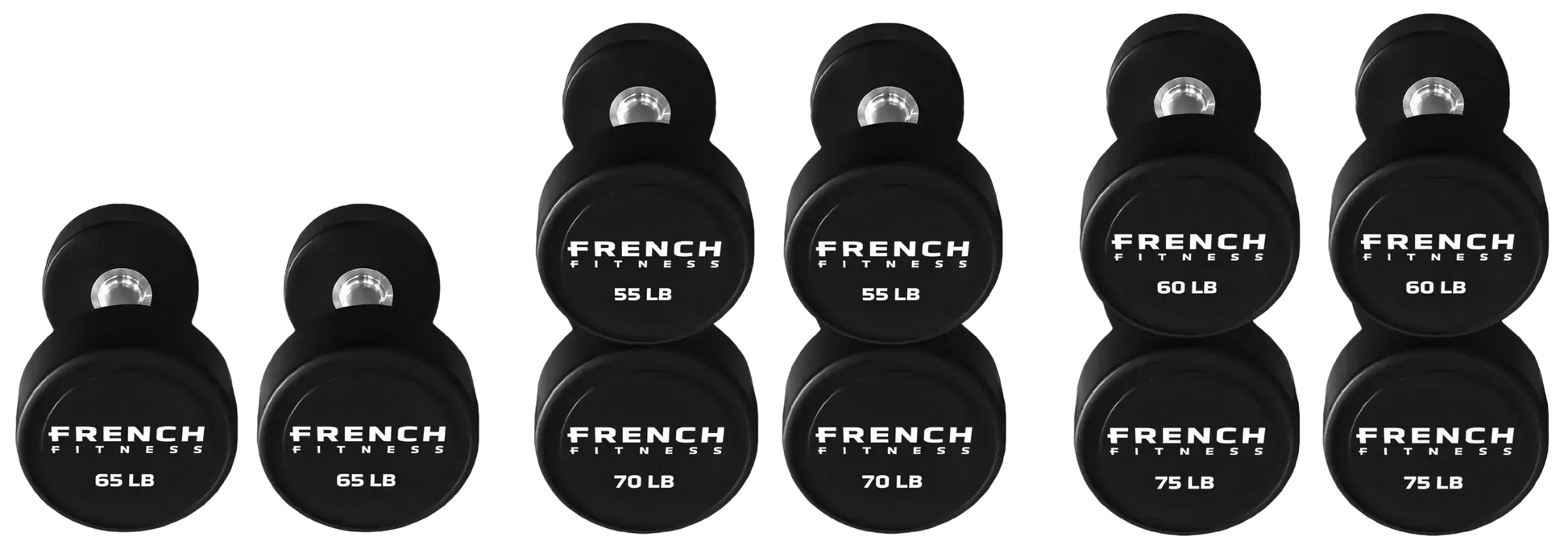 French Fitness Urethane Round Pro Style Dumbbell V2 Set, 55-75 lbs (New) Image