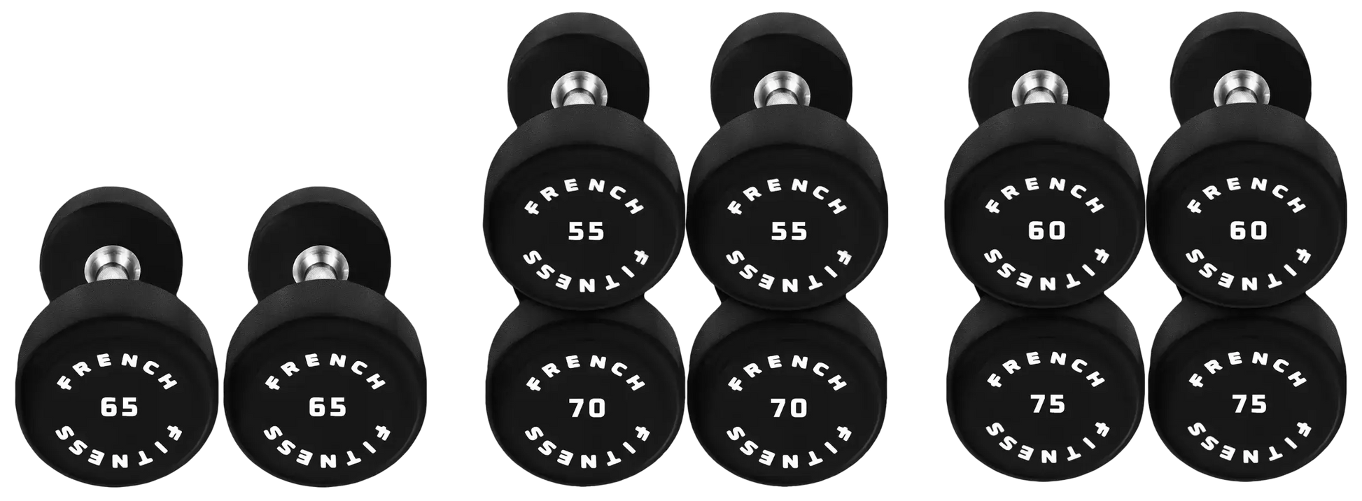 French Fitness Urethane Round Pro Style Dumbbell Set, 55-75 lbs (New) Image