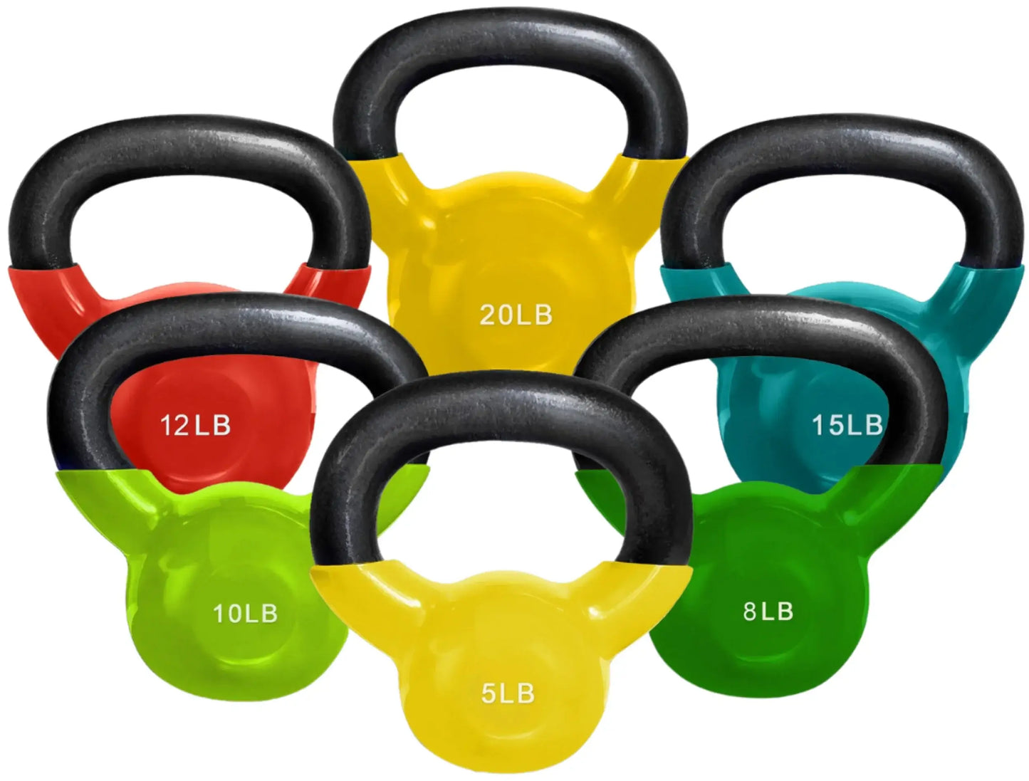 French Fitness Vinyl Kettlebell Set Set of 6 (5-20 lbs) (New) - front view all kettlebells with white background