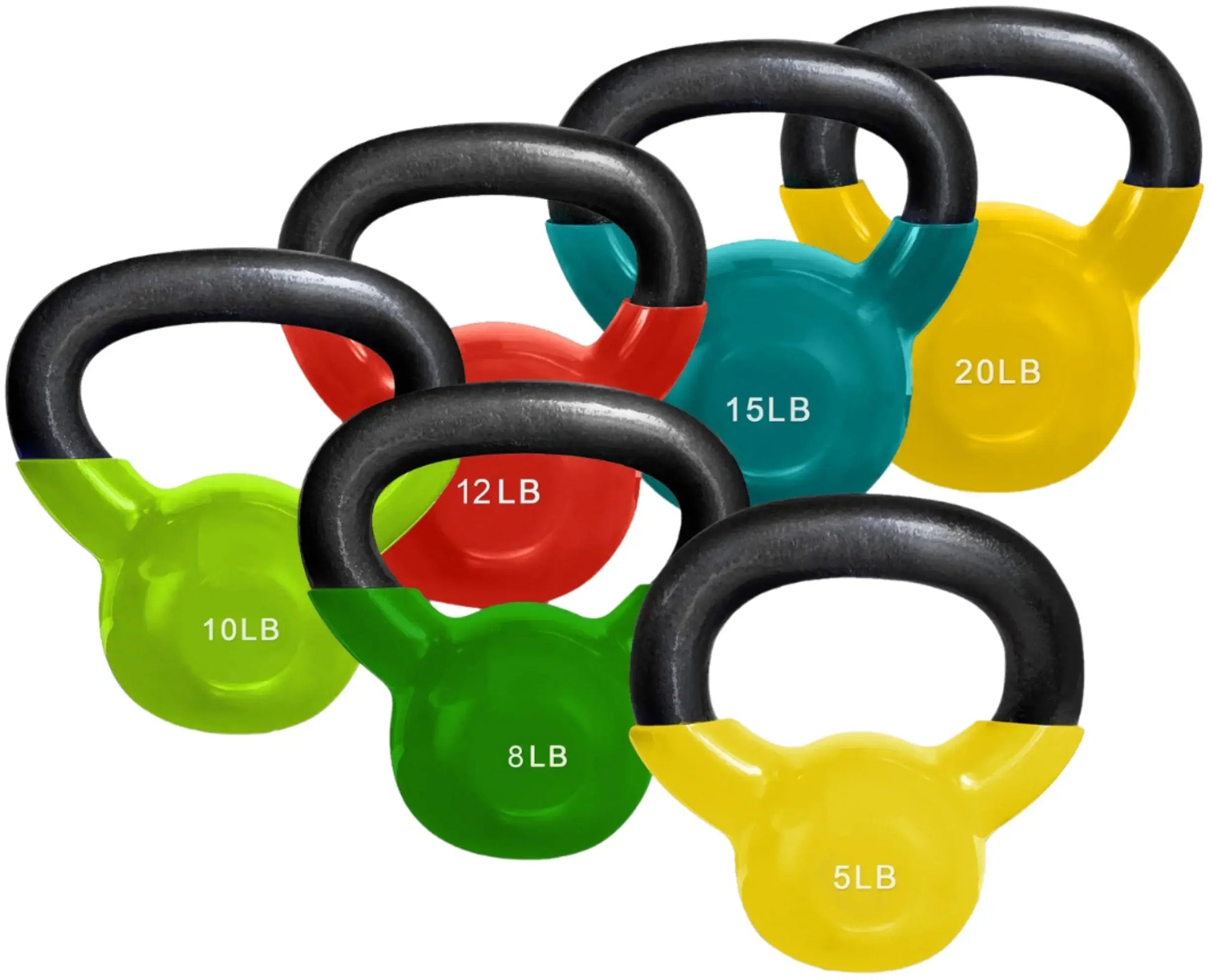 French Fitness Vinyl Kettlebell Set Set of 6 (5-20 lbs) (New) - front view all kettlebells different position