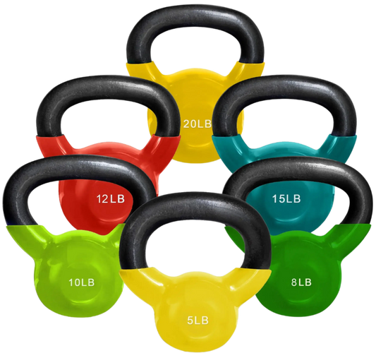 French Fitness Vinyl Kettlebell Set Set of 6 (5-20 lbs) (New) - front view all kettlebells