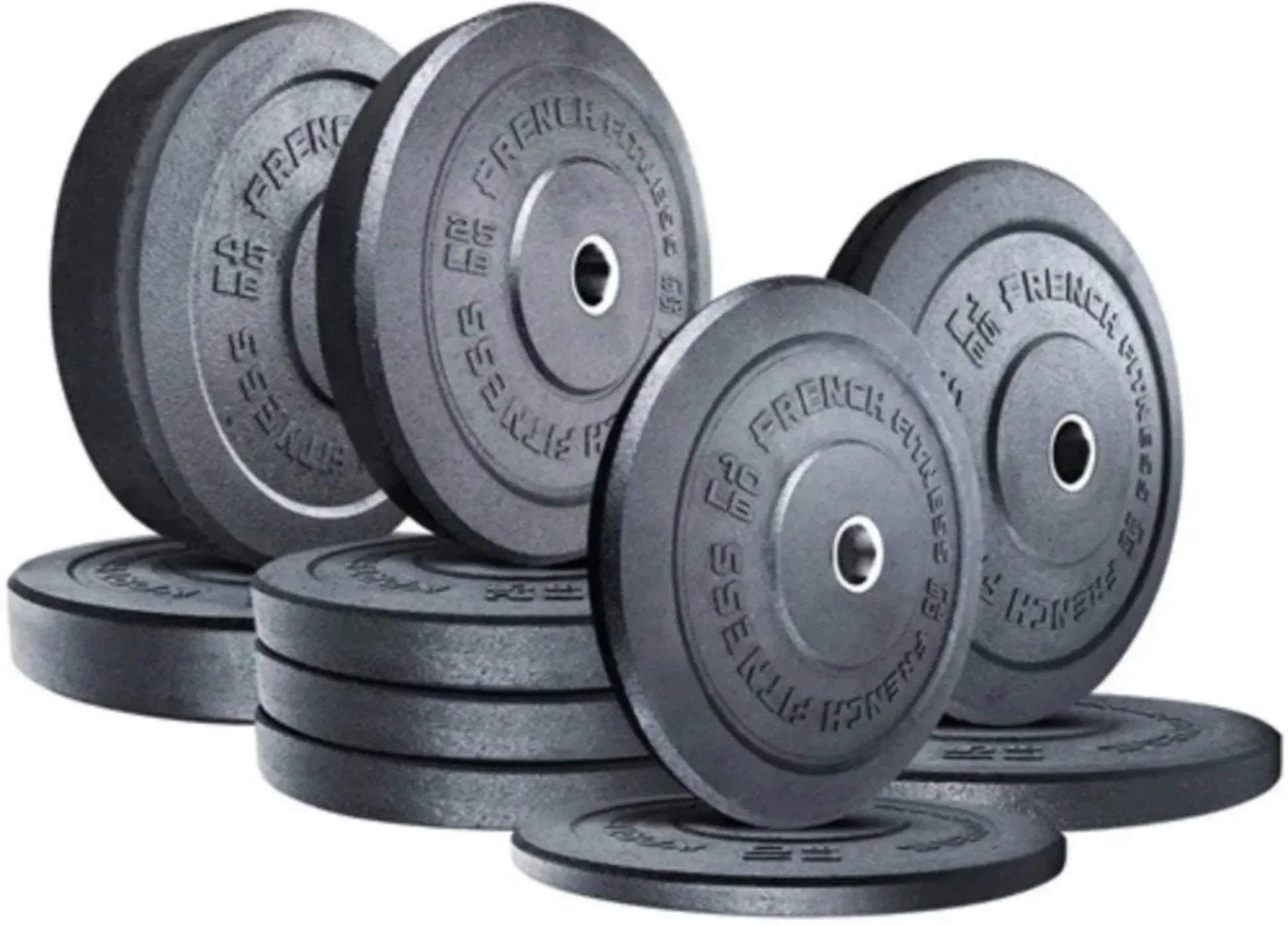 French Fitness  Olympic Bumper Plates Set w/7 ft Olympic Bar 285 lbs - Crumb Rubber (New) - Close Up View