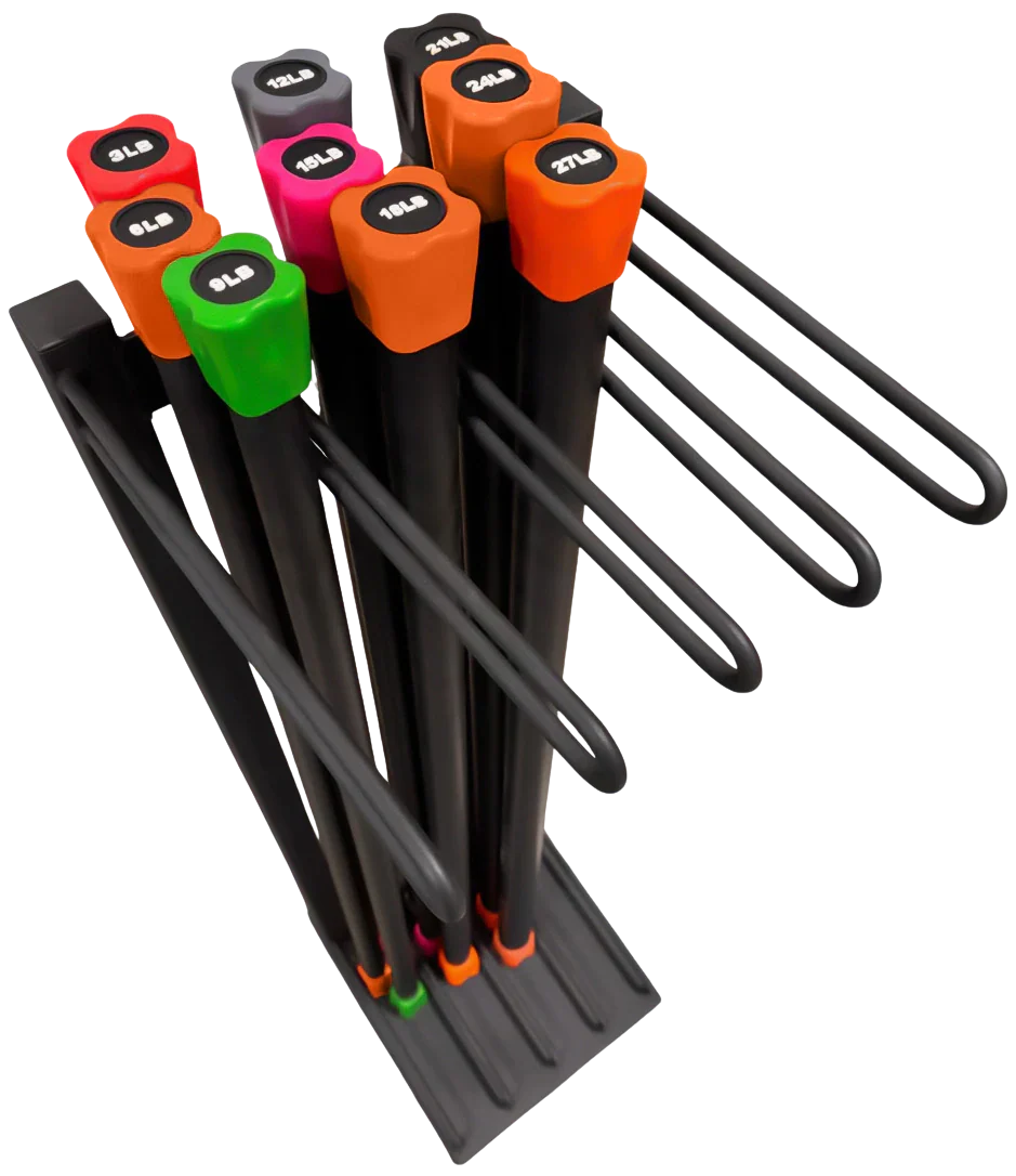 French Fitness Weighted Body Fitness Bar Set of 9 w/Rack (New)