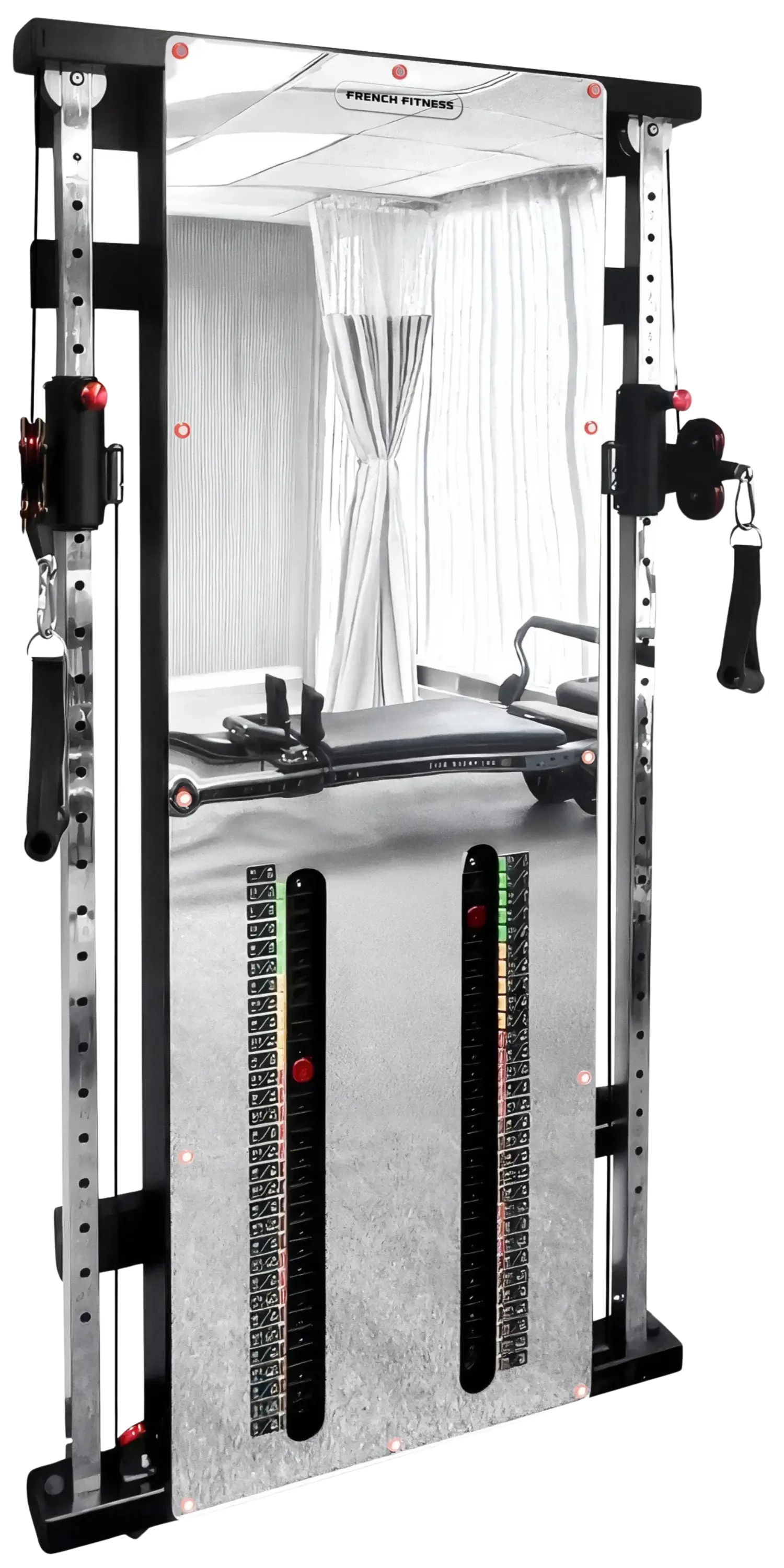French Fitness Wall Mounted Mirror Functional Trainer Angled View