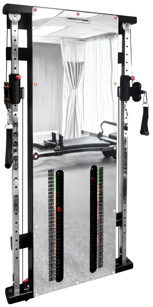 French Fitness Wall Mounted Mirror Functional Trainer Angled View