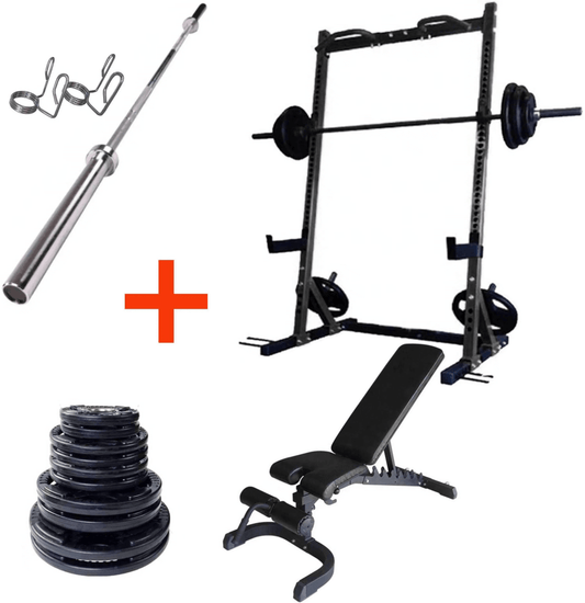 French Fitness Rubber Grip Weight Plate Set w/7 ft Bar 235 lbs + Rack + Bench (New) Image