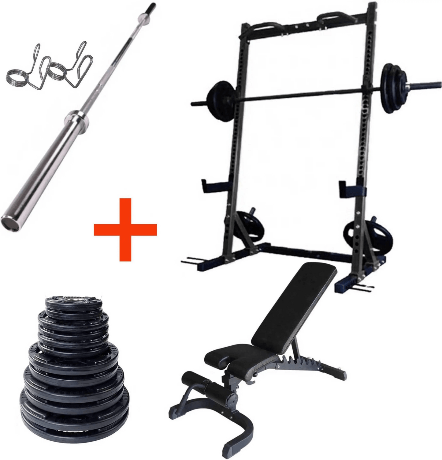 French Fitness Rubber Grip Weight Plate Set w/7 ft Bar 305 lbs + Rack + Bench (New) Image