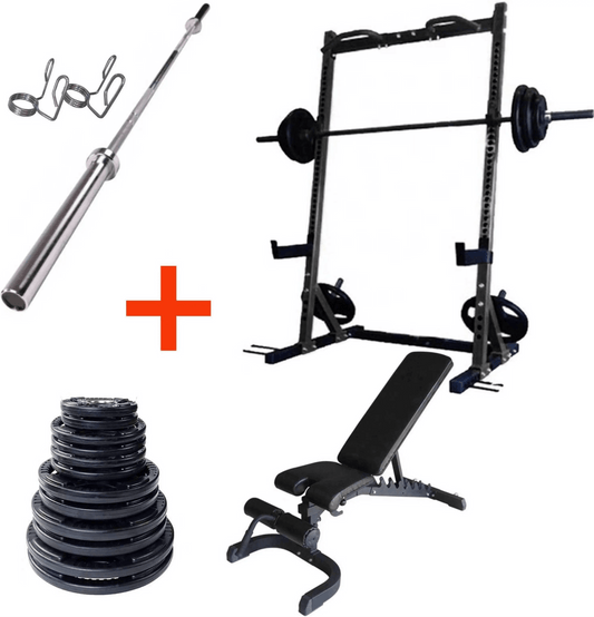 French Fitness Rubber Grip Weight Plate Set w/7 ft Bar 305 lbs + Rack + Bench (New) Image