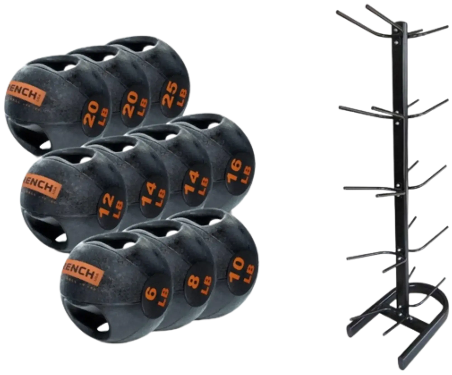 French Fitness Dual Grip Medicine Ball Set of 10 (6 to 25 lbs) w/Rack (New) Image