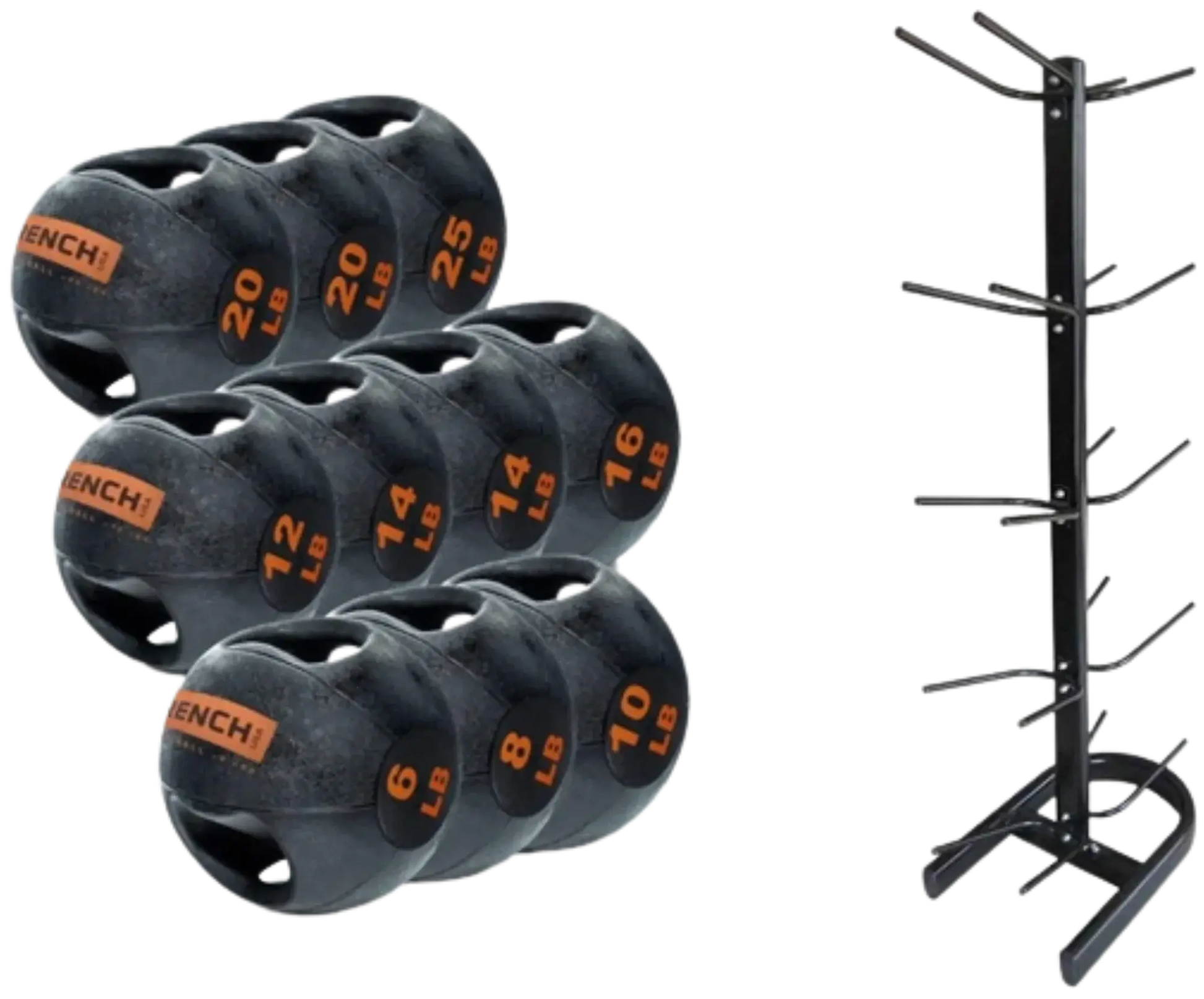 French Fitness Dual Grip Medicine Ball Set of 10 (6 to 25 lbs) w/Rack (New) Image