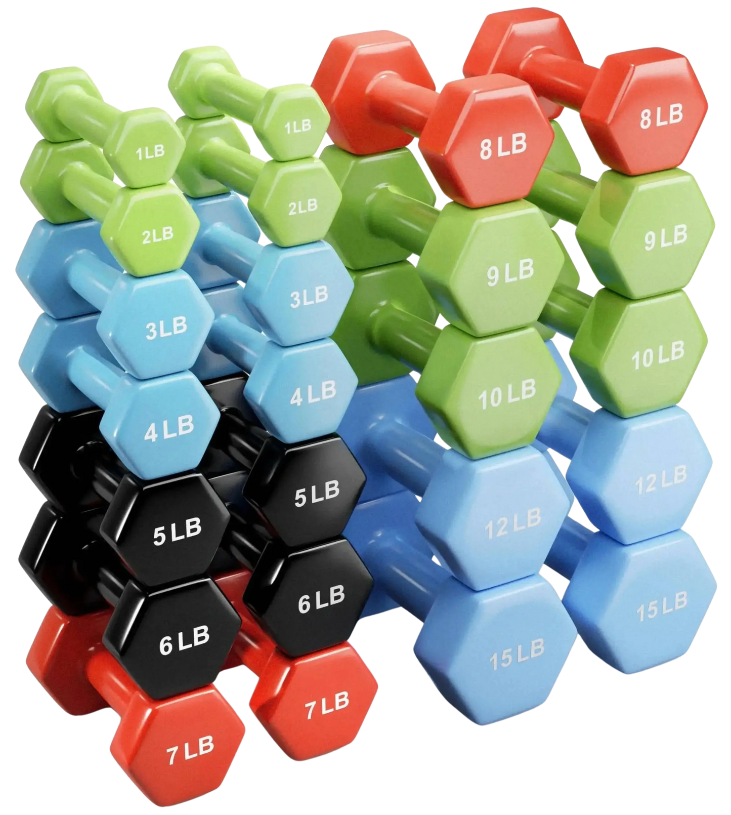 French Fitness Colorful Hex Vinyl Dumbbell Set of 1 to 15 lbs (New) Image